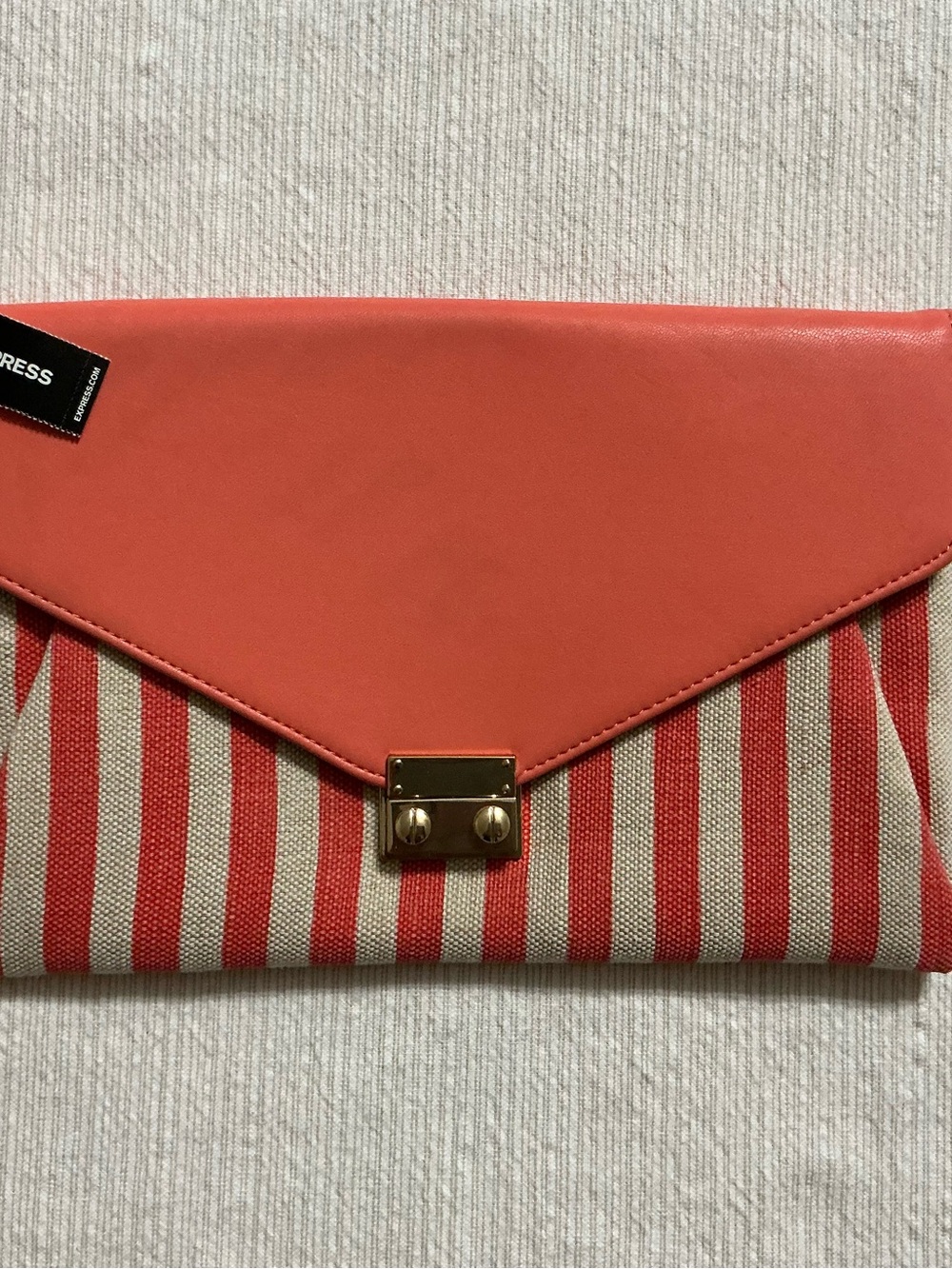 Express Coral and Cream Striped Envelope Handbag with Gold Lock